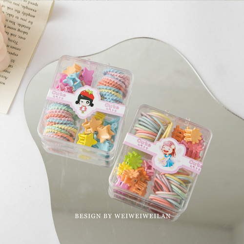 New boxed children's finger ring and small gripper combination, simple and versatile, candy-colored, daily basis, not harmful to hair