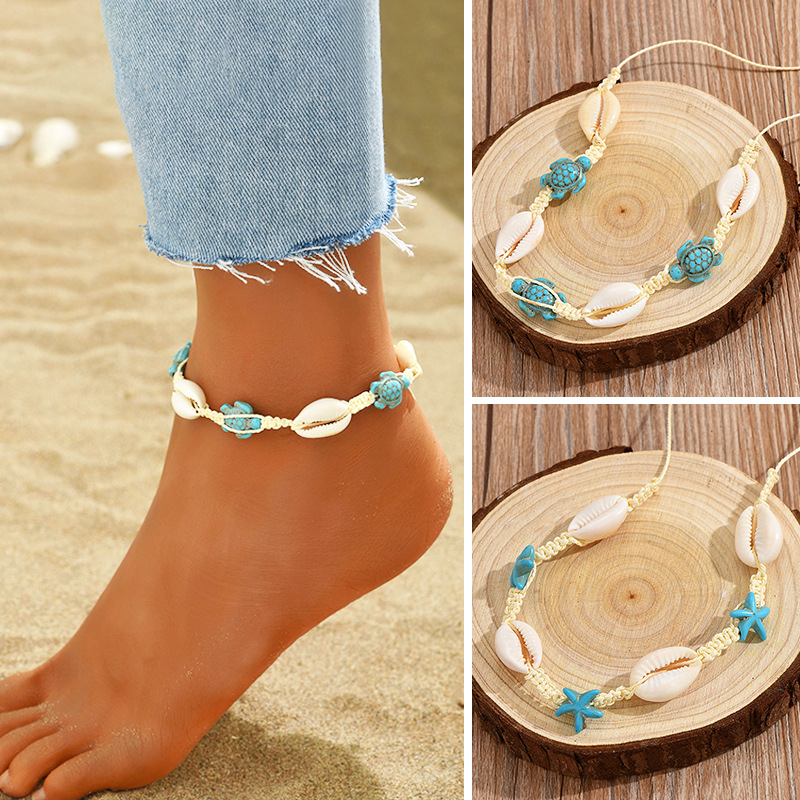 Vacation ocean style shell braided anklet for women ins design sea turtle adjustable hand jewelry cross-border supply wholesale