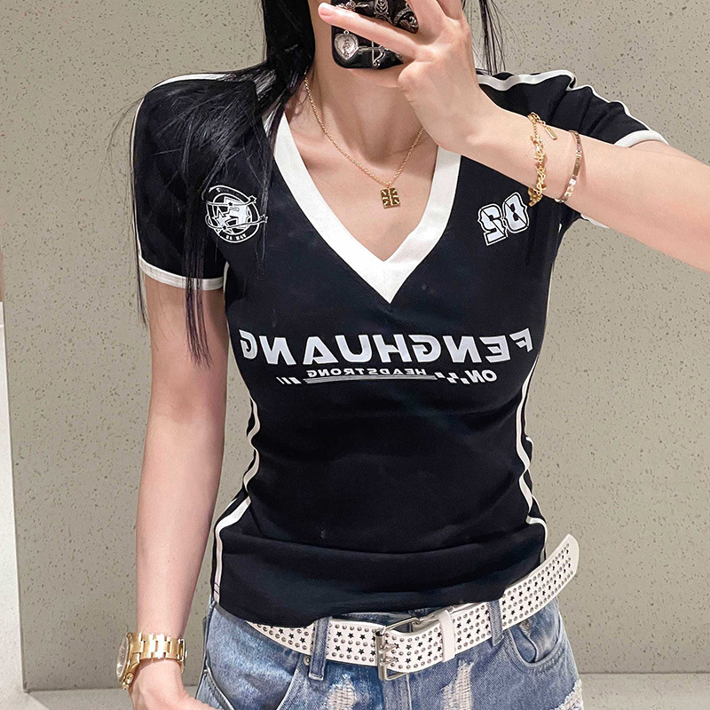 Women's Clothing Deep V Neck Short Sleeve T-Shirt Slim Fit Fashionable Casual Women's Top For Formal & Casual For Women_ecoleips.com