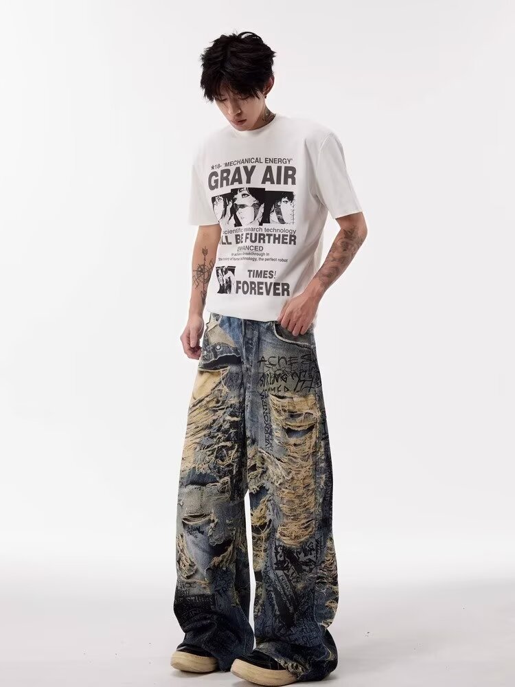 Herren Graffiti Destroyed Jeans Gerade Lockerer Streetstyle_voghion.com