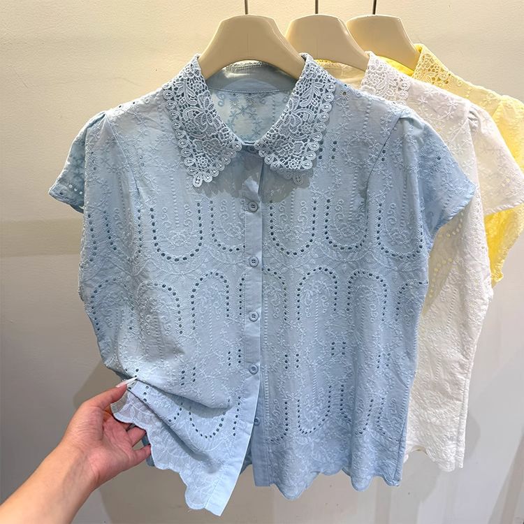 Lace Shirt for Women 2025 Summer New Design Niche Color-Blocking Turn-Down Collar Hollow-Out Short-Sleeve Shirt Stylish Top Lace Shirt for Women 2025 Summer New Design Niche Color-Blocking Turn-Down Collar Hollow-Out Short-Sleeve Shirt Stylish Top