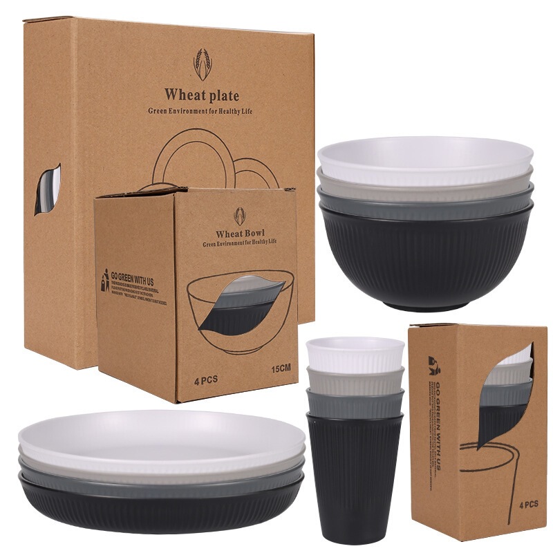 Cross-Border Wheat Straw Plate, Bowl, and Cup Set for Home Use, Vertical Stripe Round Plate, Water Cup, Salad Bowl, 4/6/8 Piece Set, Gift Tableware