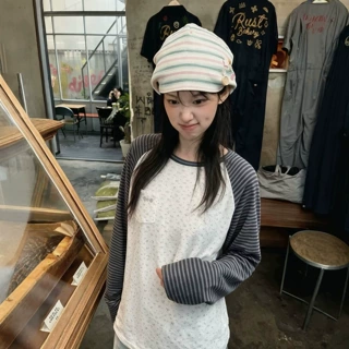 韩系穿搭甜美碎花条纹拼接长袖t恤女秋季2026新款宽松插肩袖上衣