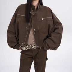 外贸跨境美式特调复古工装风宽松短款机车夹克外套女2025秋季新款