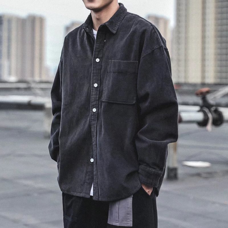 香港風春秋秋のコーデュロイ長袖シャツ男性日本のゆったりとした純色のハンサムなカジュアルシャツのコート|undefined