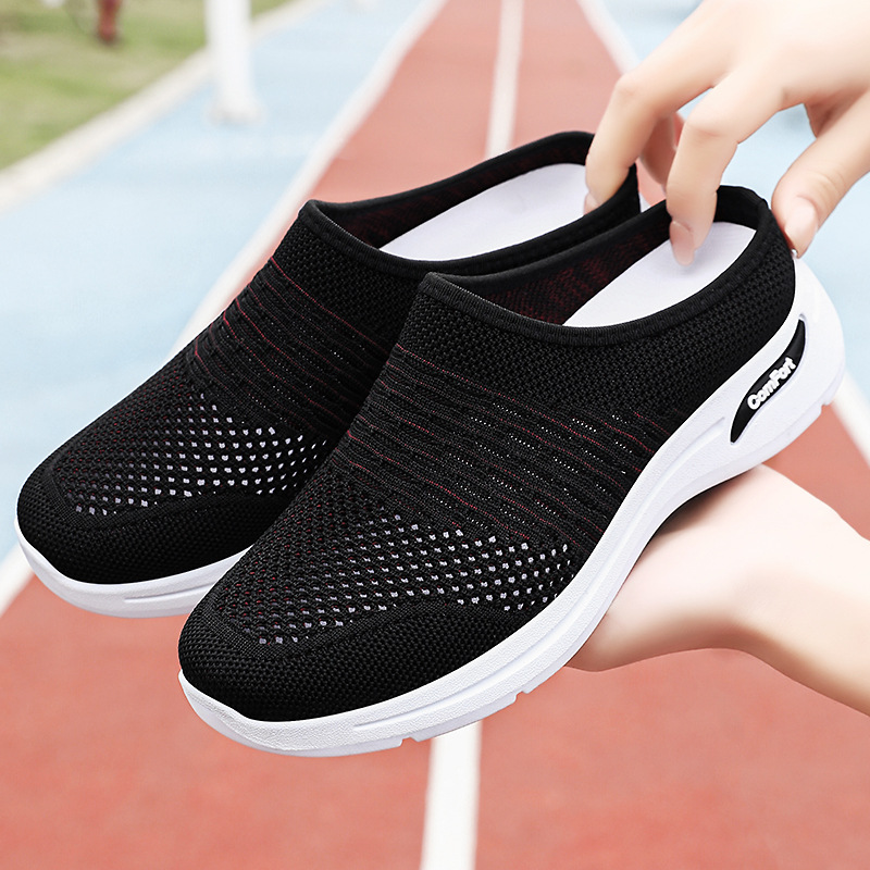 Zapatos de mujer verano nuevo estilo malla transpirable de un pie tejido volador suela suave zapatos casuales zapatos mujer todo fósforo medio arrastre al por mayor