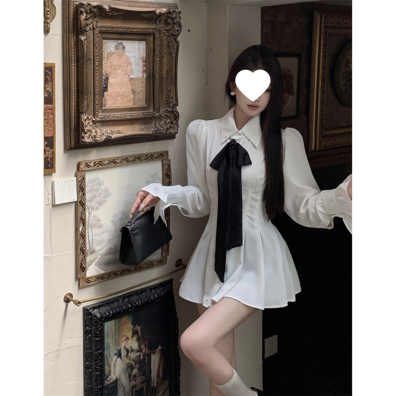 French-Style Gentle Long-Sleeved Shirt Dress for Women, Autumn White Satin Dress with a Fitted Waist and Elegant Short Skirt French-Style Gentle Long-Sleeved Shirt Dress for Women, Autumn White Satin Dress with a Fitted Waist and Elegant Short Skirt