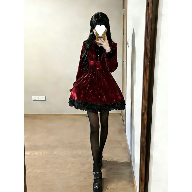 Japanese-Style Lolita Dark Gothic Doll-Like Blood-Colored Patchwork Bow Velvet Long-Sleeve Short Dress for Women