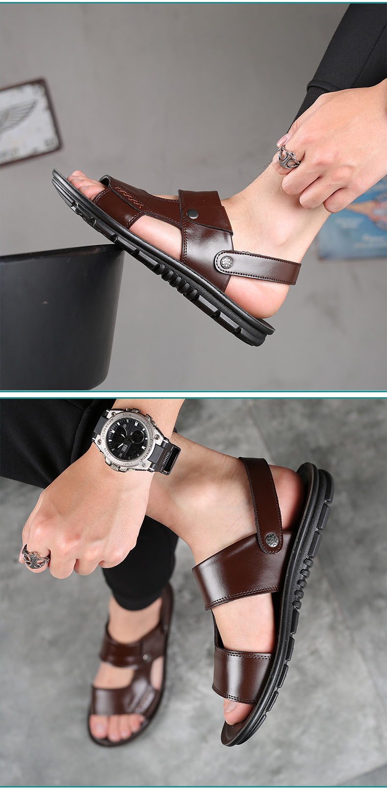 Men’s Genuine Leather 2-in-1 Sandals, Rotatable Metal Buckle Back Strap Casual Walking Slides_vogvips.com