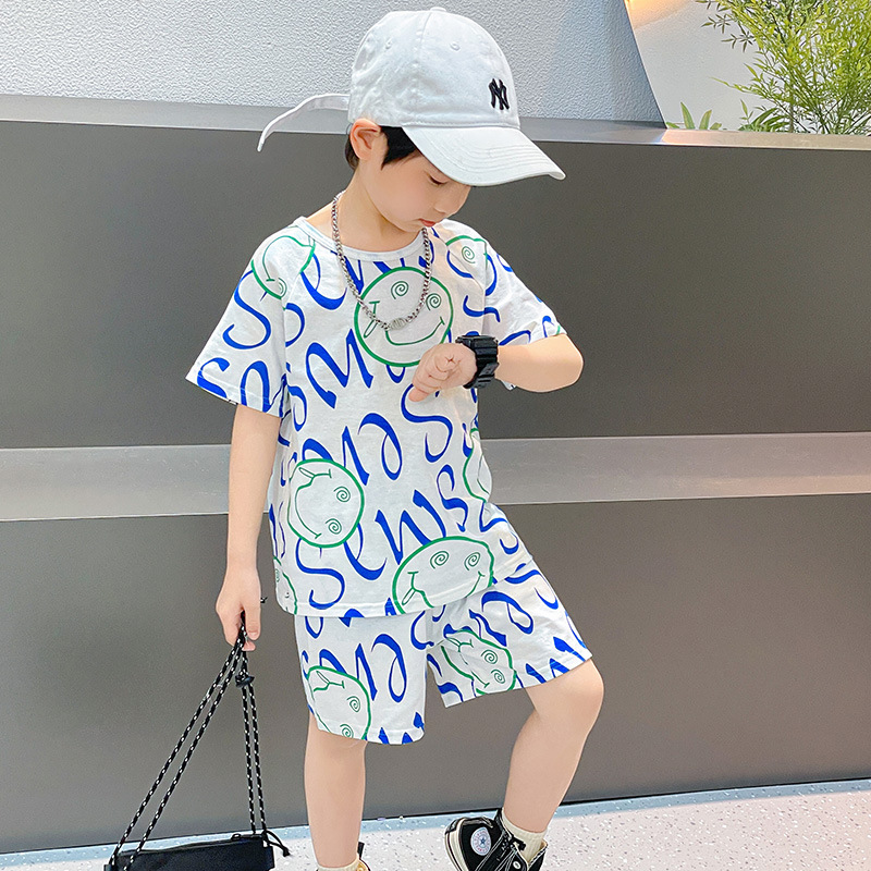 夏款外穿男女童短袖套装纯棉插肩T恤短裤家居服新款男孩卡通睡衣