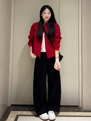 早秋复古红色翻领薄款夹克外套女秋季2025新款爆款棒球服短款上衣