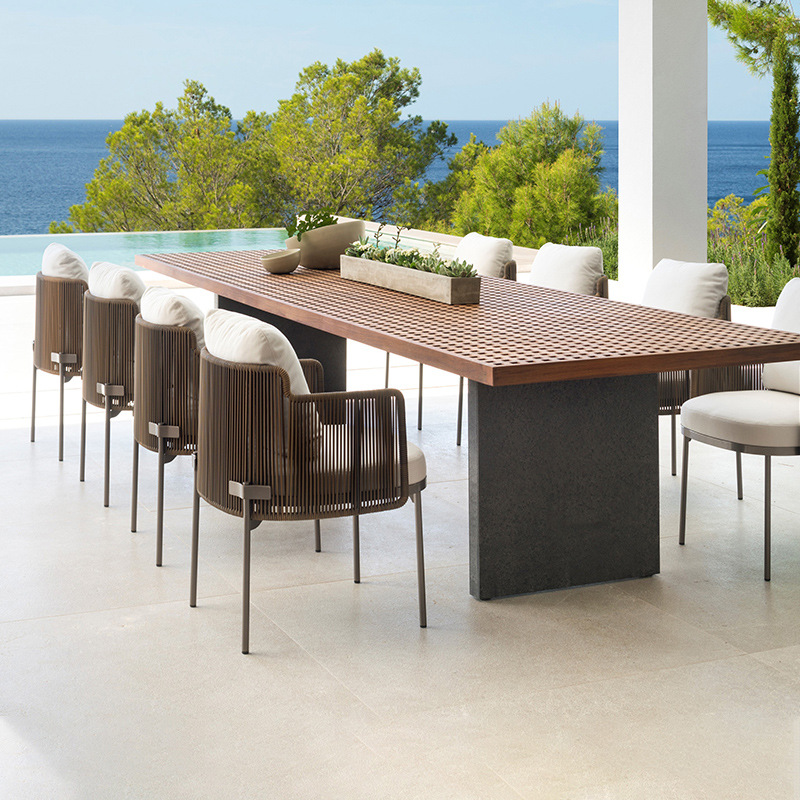 Conjunto de mesa y sillas de ratán para exteriores, combinación de sillas de ratán para patio, balcón o terraza, muebles de jardín con mesa larga para descanso. image 5