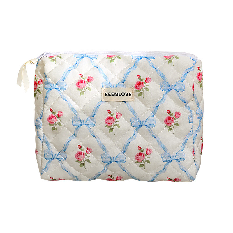 Capacious cosmetic bag with bow, flowered, high-quality style