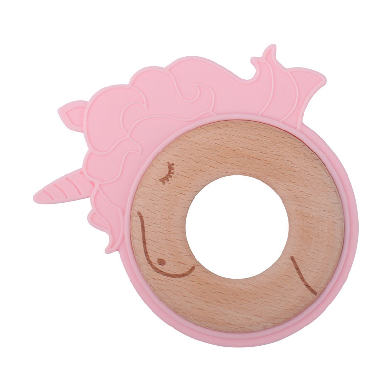 Nuevo bebé suministros de dibujos animados animal unicornio anillo de madera mordedura de bebé de goma molar de juguete de haya