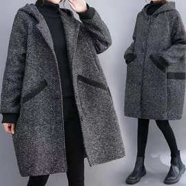 大码胖mm300斤加绒加厚连帽大衣女秋冬新款宽松中长款棉袄外套女