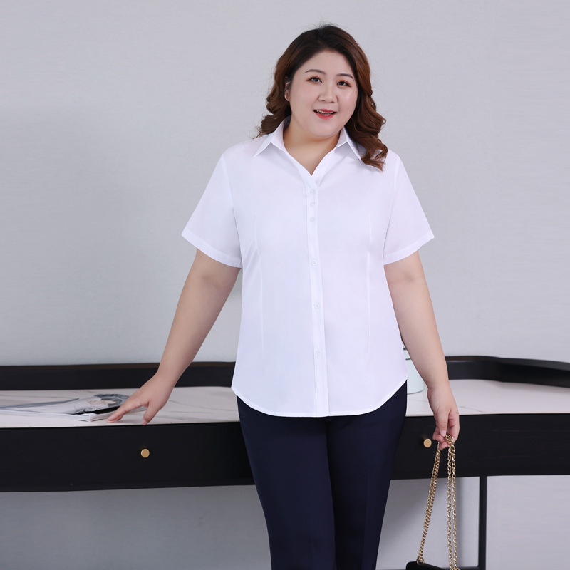 Plus-Size Women's White Short-Sleeve Shirt, Professional Wear for Chubby Women, Summer Loose Fit, Interview Formal Wear, Work Uniform, Non-Iron Shirt