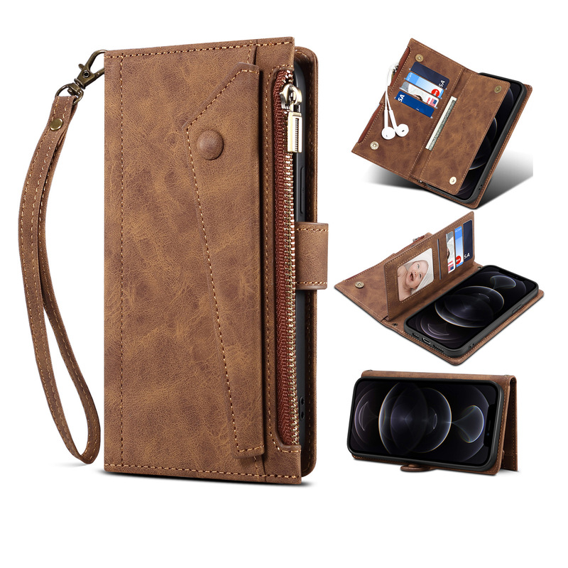 For iPhone15Pro anti-theft brush card flip phone leather case Samsung S24U hand rope crossbody protective case