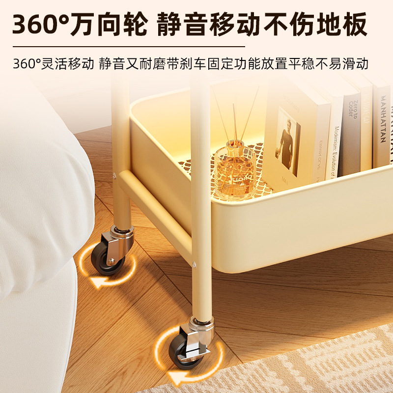 Mesa de té móvil de doble capa de sala de estar junto al sofá de almacenamiento integrado con mesa de té de ruedas para el dormitorio, estante de cama simple