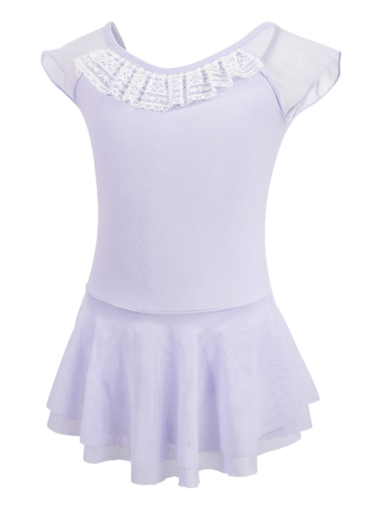 Ropa de baile para niños Vestido de una sola pieza Encaje de algodón de manga corta Cuello de loto Traje de una sola pieza Práctica de ballet Ropa de baile nacional chino