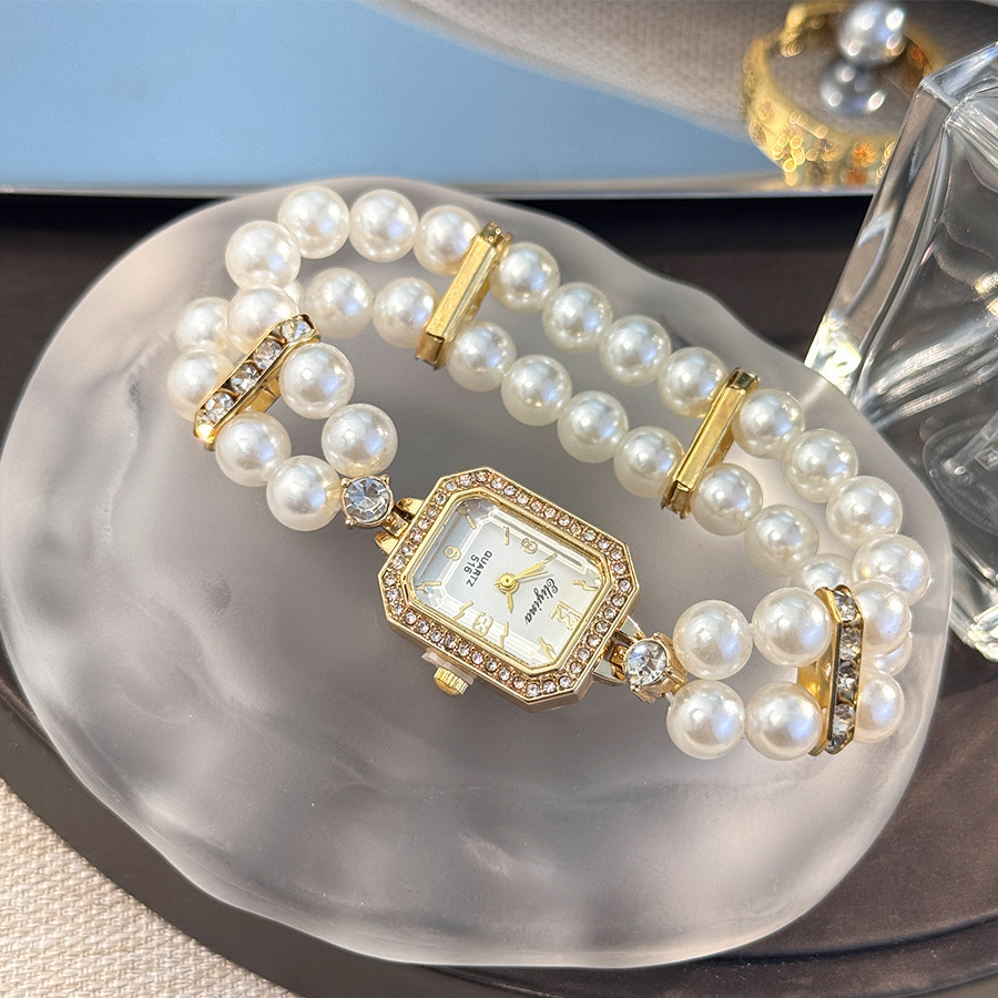 外贸爆款松紧弹力珍珠懒人手链手表长方形镶钻法式浪漫首饰手表