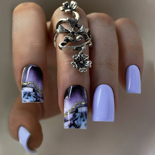 Cross-border Purple Marble Skinning Nail Pieces Ins Wind Wear Nail Pieces Chinese European and American Nail Pieces Square Fake Nail Patch