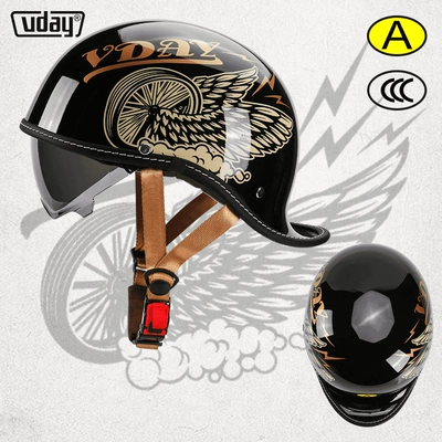 motorcycle warped half helmet men's | Motosiklet kaskı (dəbilqə) - bright-black-gold-wings-m-head-circumference-52-54cm-transparent-black-tea-lenses