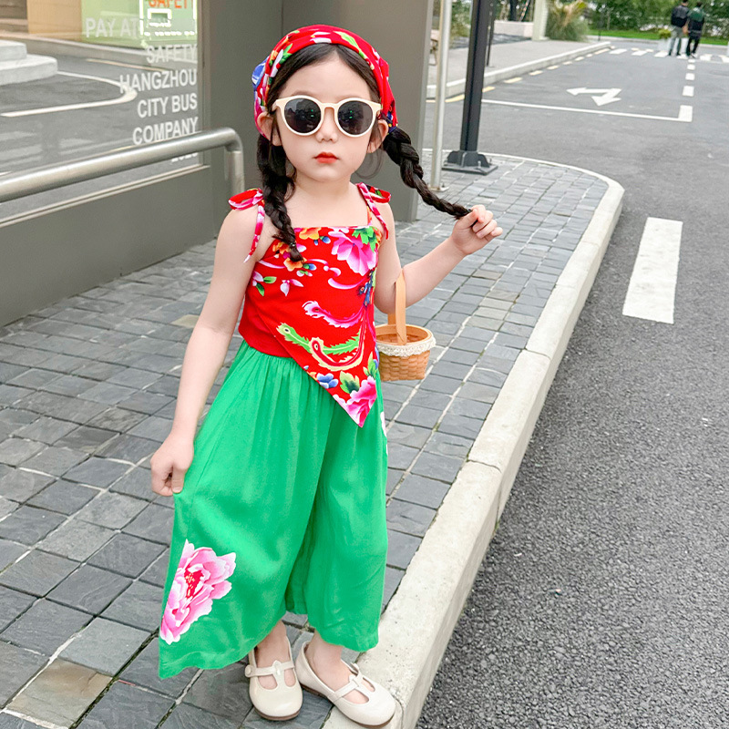 女童夏季無袖套裝2024新款時髦兒童綿綢東北大花背心寶寶網紅潮裝