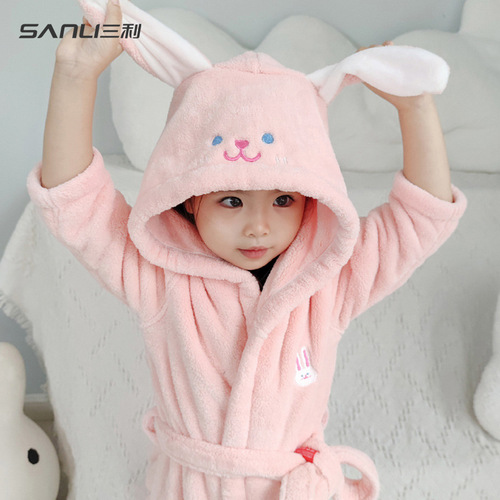 Three Lucky Children's Bath Robe Cartoon Sleepwear with Hood Coral Fleece Homecoming Dress for Boys and Girls