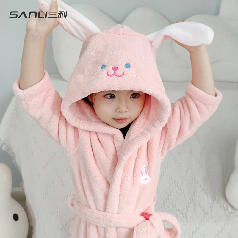 Sanli Towel Children's Bathrobe Cartoon Nightgown Hooded Bathrobe Coral Fleece Home Clothes Boys and Girls Pajamas