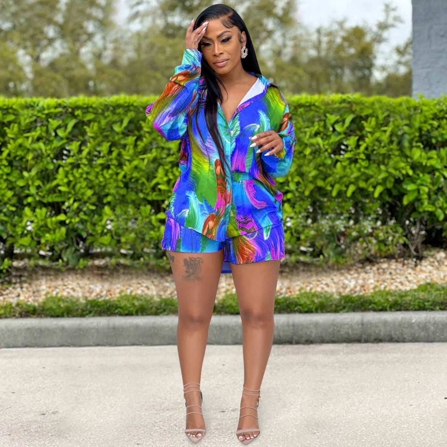 Floral Print Casual Long Sleeve Shorts Two Piece Women Clothing