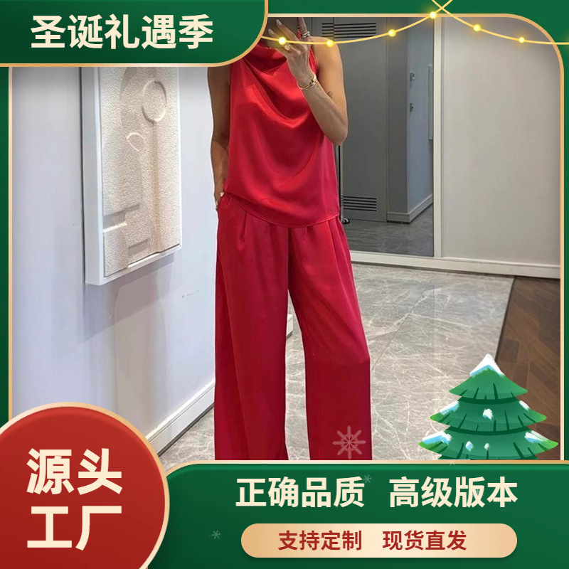Correct Version Cross-Border 2025 European and American Spring/Summer New Sleeveless Long Pants Satin Suit Ins Casual Dress Correct Version Cross-Border 2025 European and American Spring/Summer New Sleeveless Long Pants Satin Suit Ins Casual Dress