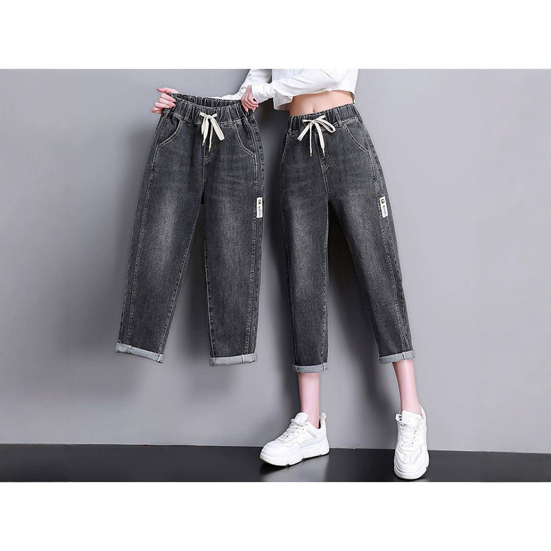 Thin Cropped Jeans for Women 2025 New Loose Large Size Slimming Look Harem Pants Fat mm Elastic Waist Carrot Pants