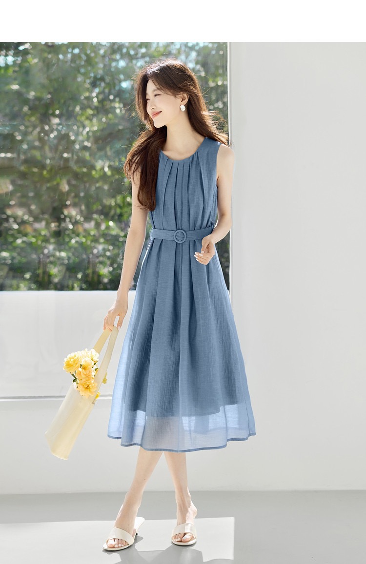 Váy đầm nữ cổ tròn eo thắt dáng chữ A phong cách công sở — Màu xanh da trời chi tiết 4