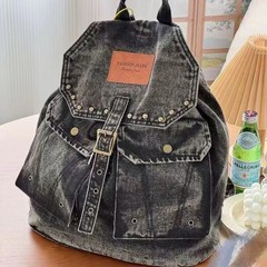 Korean-style niche retro distressed denim drawstring backpack for men and women, personalized trendy cool versatile casual student commuting backpack