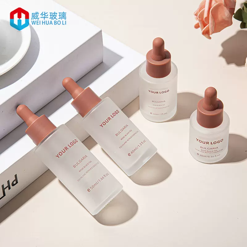 现货 蒙砂玻璃精油滴管瓶 20-50ml平肩玻璃原液瓶 精华液护肤品瓶