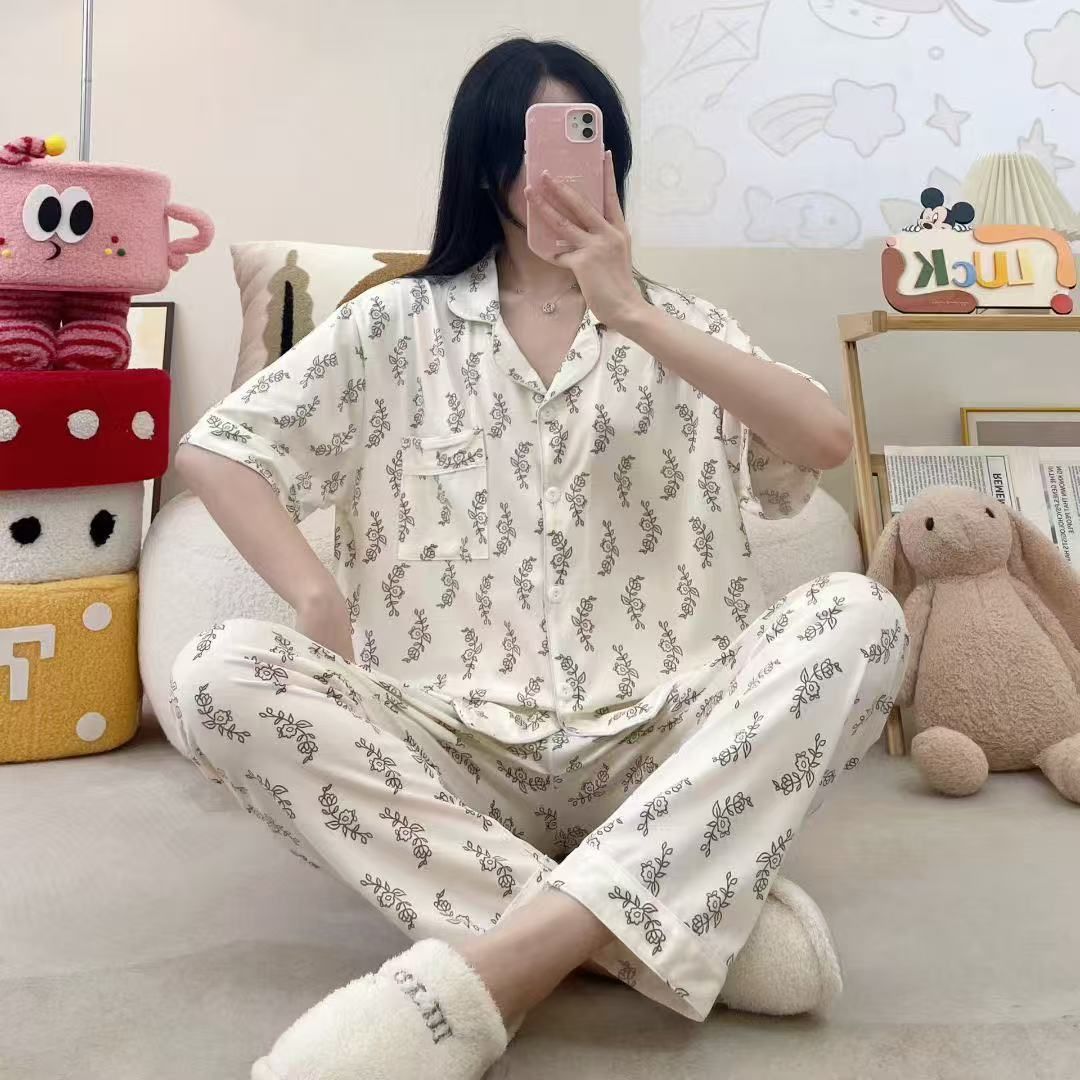 Transfronterizos al por mayor algodón solapa casa pijamas de niñas pantalones largos de manga corta lindos y sueltos se pueden usar con dos piezas image 9