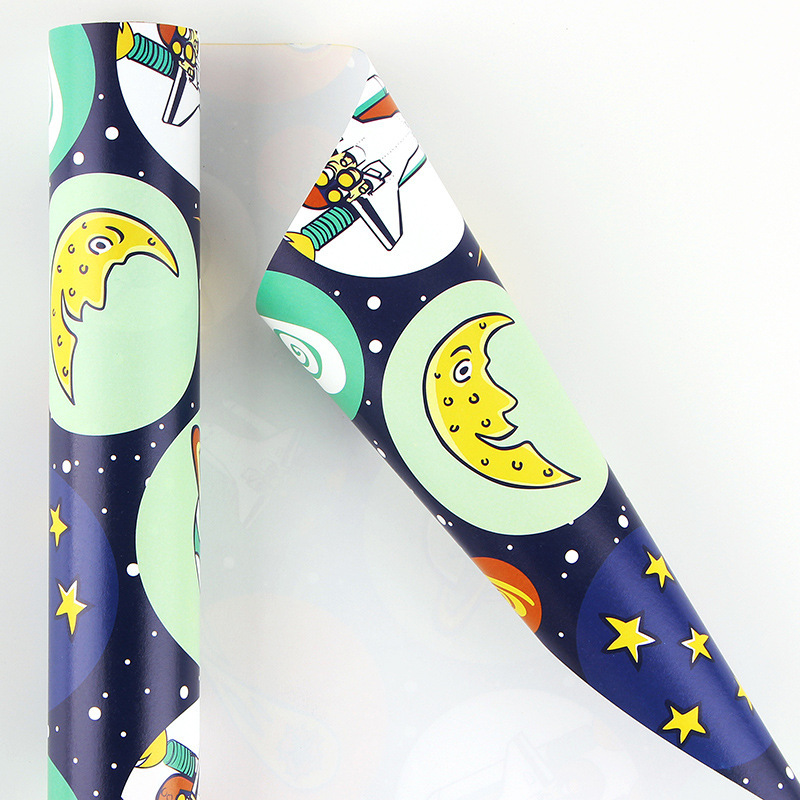 Amazon engrosada papel de embalaje de dibujos animados nave espacial astronauta lindo juguete para niños papel de regalo de cumpleaños
