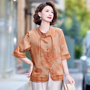 Mother's New Chinese Style Seven-point Sleeve Shirt 2025 Summer New National Style Small Shirt for Middle-aged and Elderly Stylish Belly Covering Top