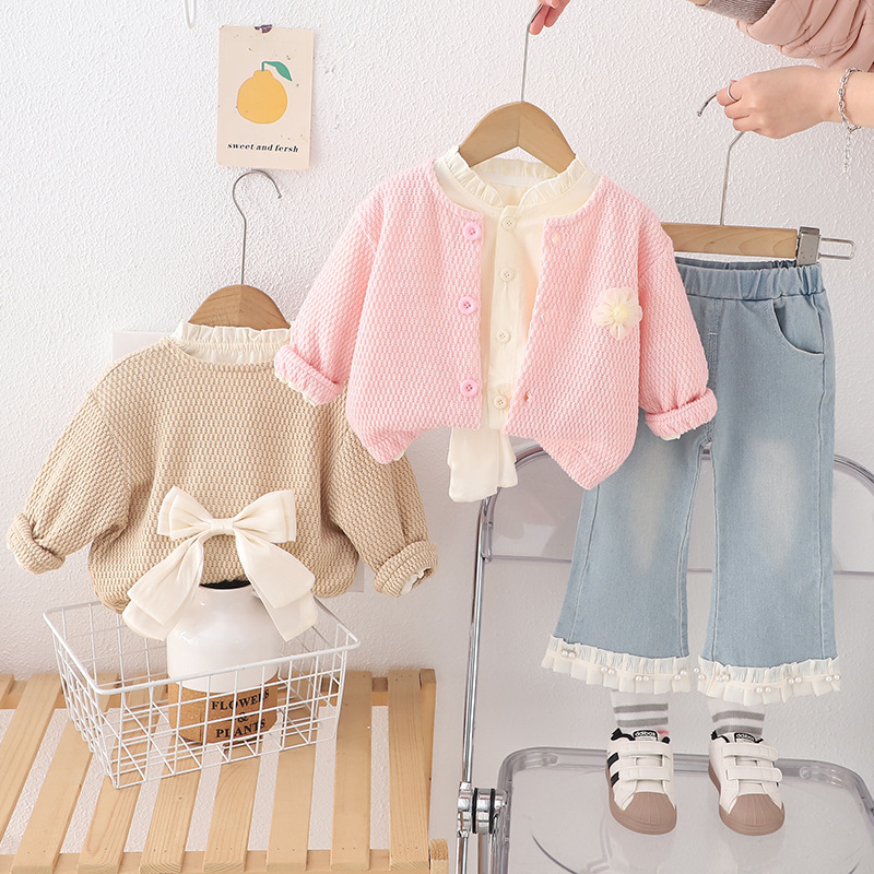 Girl's Back Bow Cardigan Sweater 2025 Spring New Lace Shirt Long Sleeve Flare Jeans Three-Piece Set