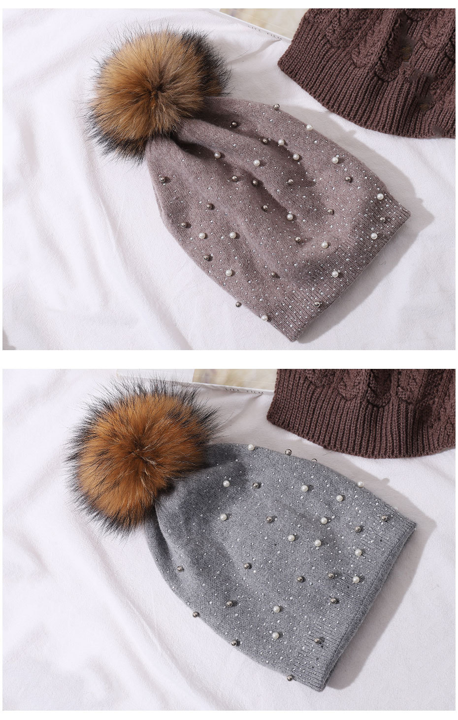 Perle de laine pour femmes pour la chaleur de l'hiver, chapeau tricoté en boule de fourrure de raton laveur, style pull à la mode pour femmes_voghion.com