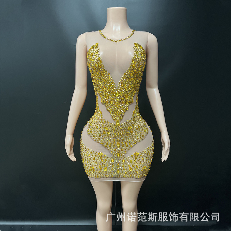 Design, Elegant and Sexy See-Through Mesh Golden Short Dress Prom Club Party Plus Size Evening Dress