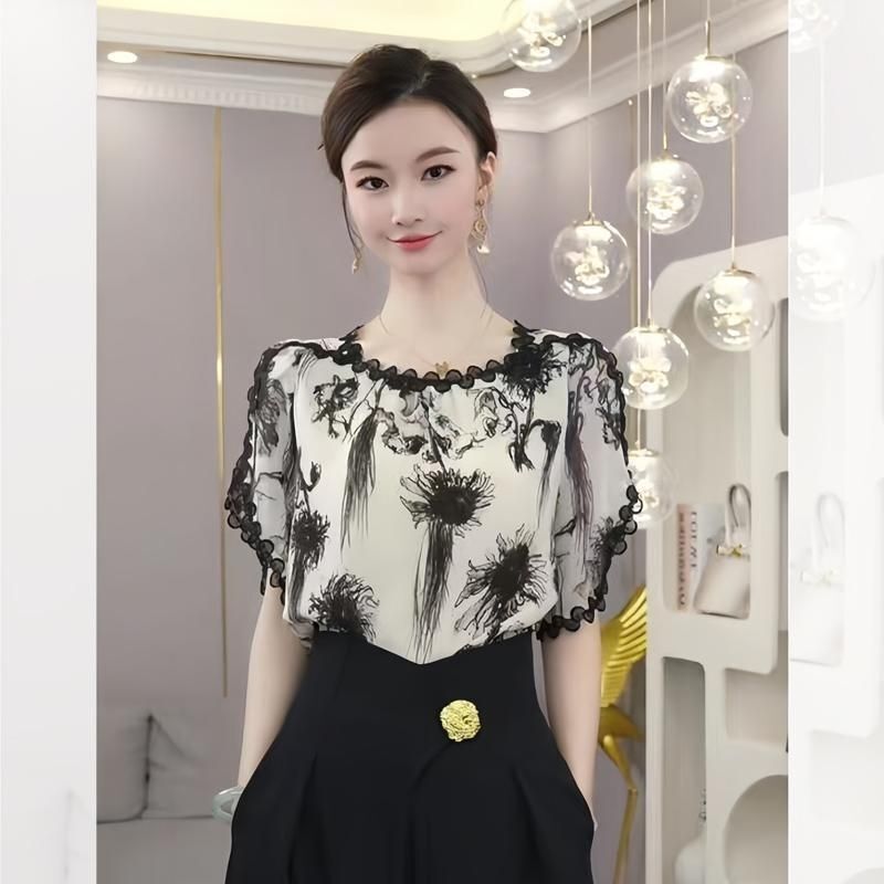 2024 Summer Round Neck Loose Slimming Look Lace Fashion Versatile Ink Painting Short-sleeved Bottoming Shirt Top for Women 2024 Summer Round Neck Loose Slimming Look Lace Fashion Versatile Ink Painting Short-sleeved Bottoming Shirt Top for Women