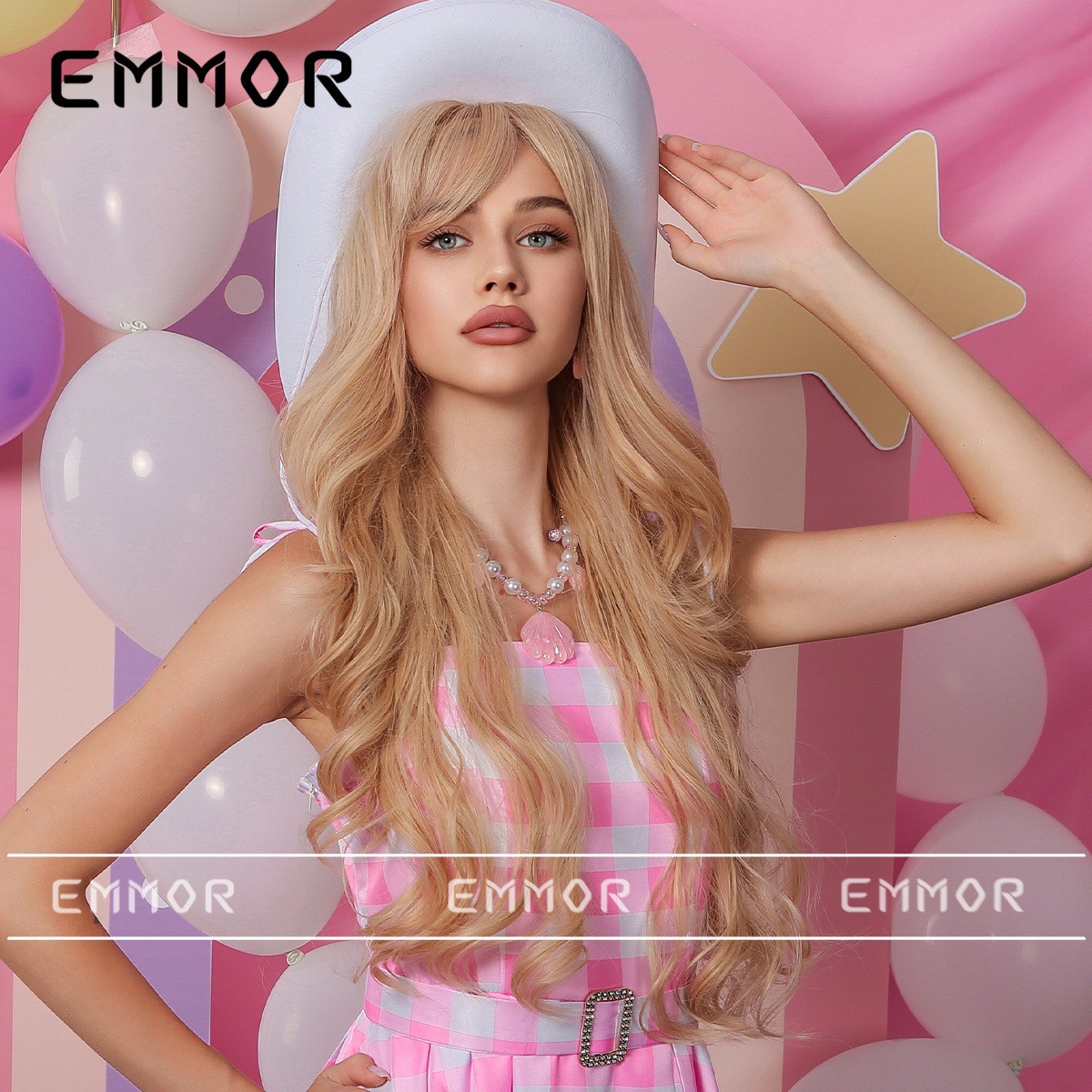 Europa y América nuevo estilo Bangs leche té marrón largo pelo rizado Barbie escape princesa estilo perezoso mullido peluca cabeza completa cubierta