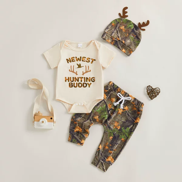 Hunting Season Baby Clothes Summer Baby Boy Letter Print Short Sleeve Harness + Trousers + Antler Hat Three-Piece Set
