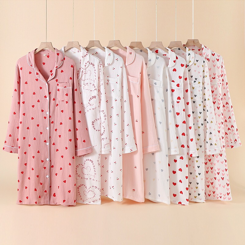 Summer Pure Cotton Double Gauze Long-Sleeved Nightgown Mid-Length Cotton Cardigan Large Size Plus Fat Heart Seersucker Cute