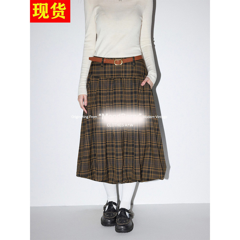 Moodberry American Retro Brown Plaid Skirt Women's Autumn and Winter High-Waisted Mid-Length A-Line Bud Skirt