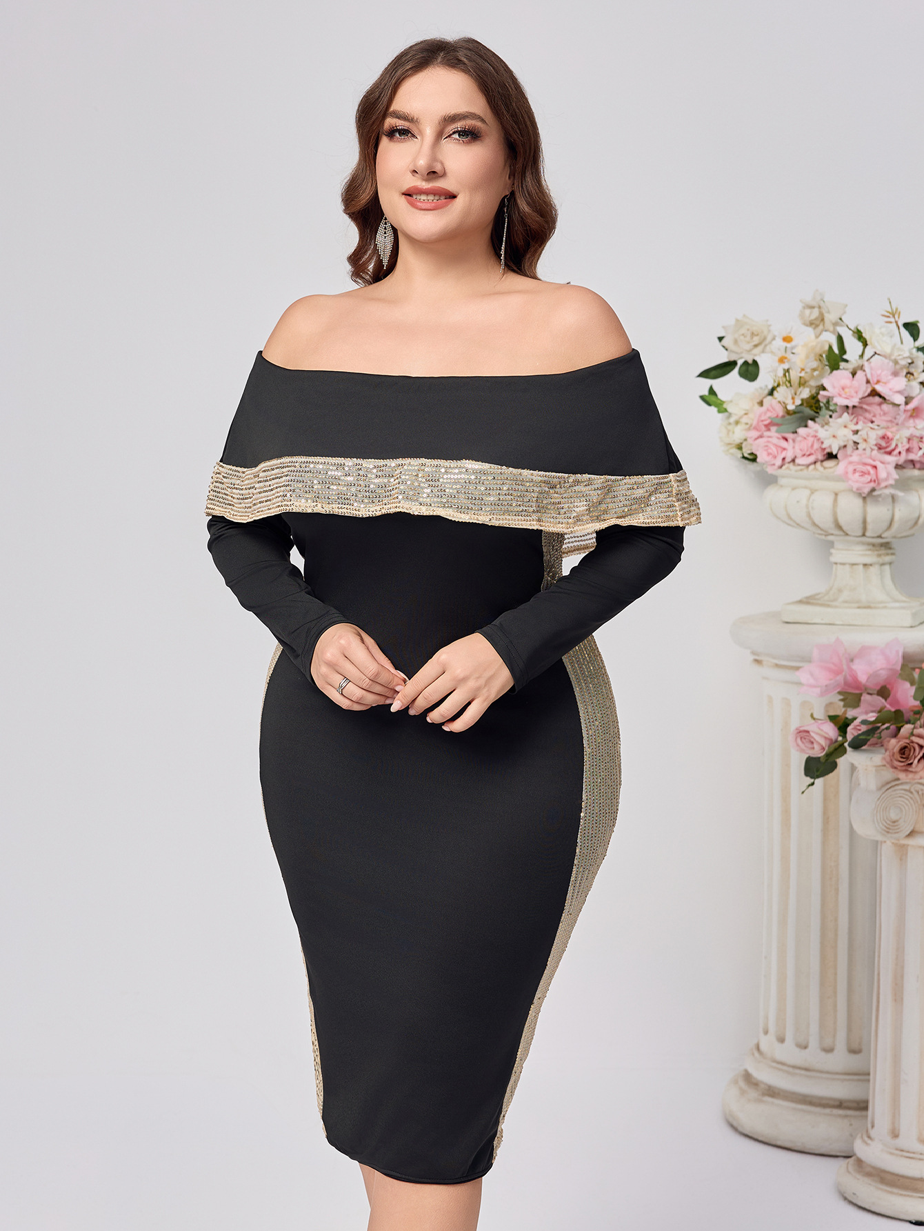 Ropa de mujer de talla grande nueva moda temperamento elegante sin tirantes lentejuelas de manga larga bolso delgado cadera elegante vestido de mujer