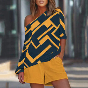 product - wholesale Summer Printed Diagonal Collar Long Sleeve Casual Loose Outfit Women - 11
