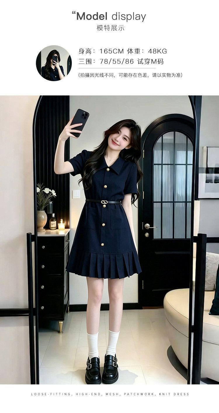 Váy ngắn tay kiểu Pháp xếp nếp thắt eo chữ A — Màu xanh da trời (thắt lưng) chi tiết 5