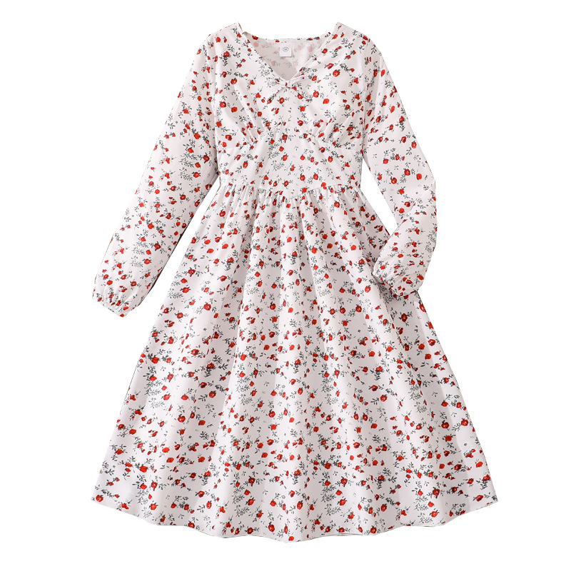 Comercio exterior transfronterizo ropa de niñas 2025 otoño nuevo estilo francés flores cortas mangas largas cintura adelgazante vestido de niños medianos y grandes